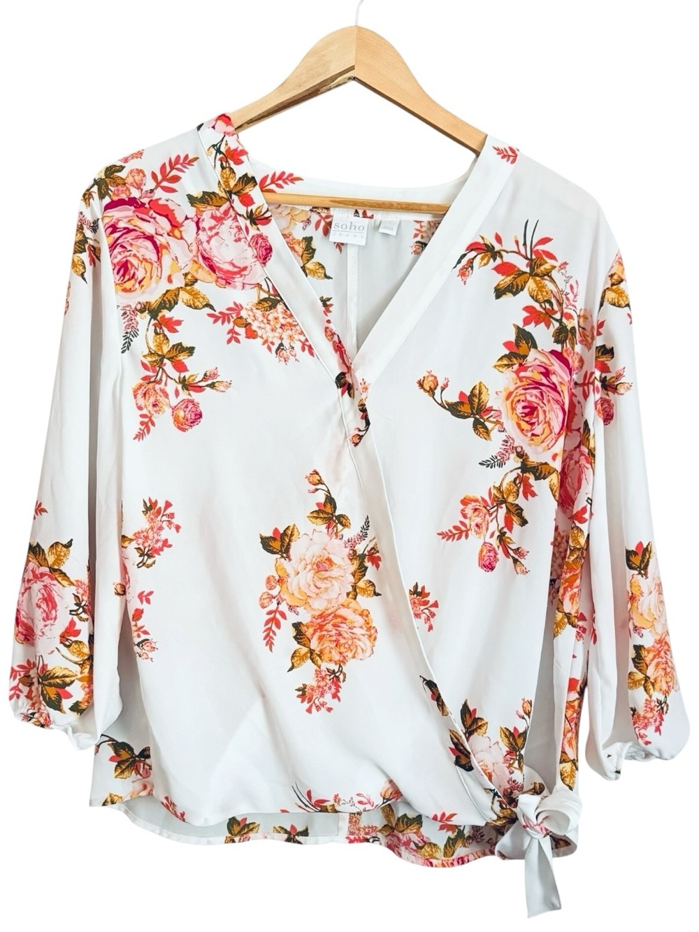 New York & Company Floral Wrap Blouse - White with Pink Roses Size L